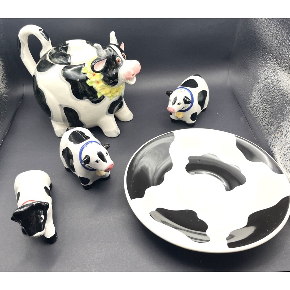 Set of 5 Vintage Black & White Cow Ceramic Teapot, Salt & Pepper Shakers, Saucer